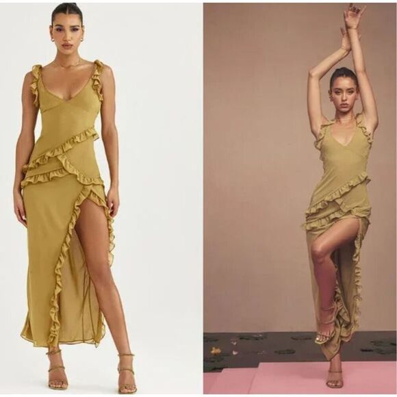 House of CB Pixie Olive Ruffle Maxi Dress Size XS - Picture 1 of 11